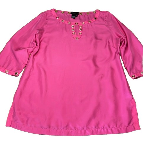 Dana Buchman 100% Silk Pink Tunic Top, 3/4 Sleeves, Grommet Embellished, Size L