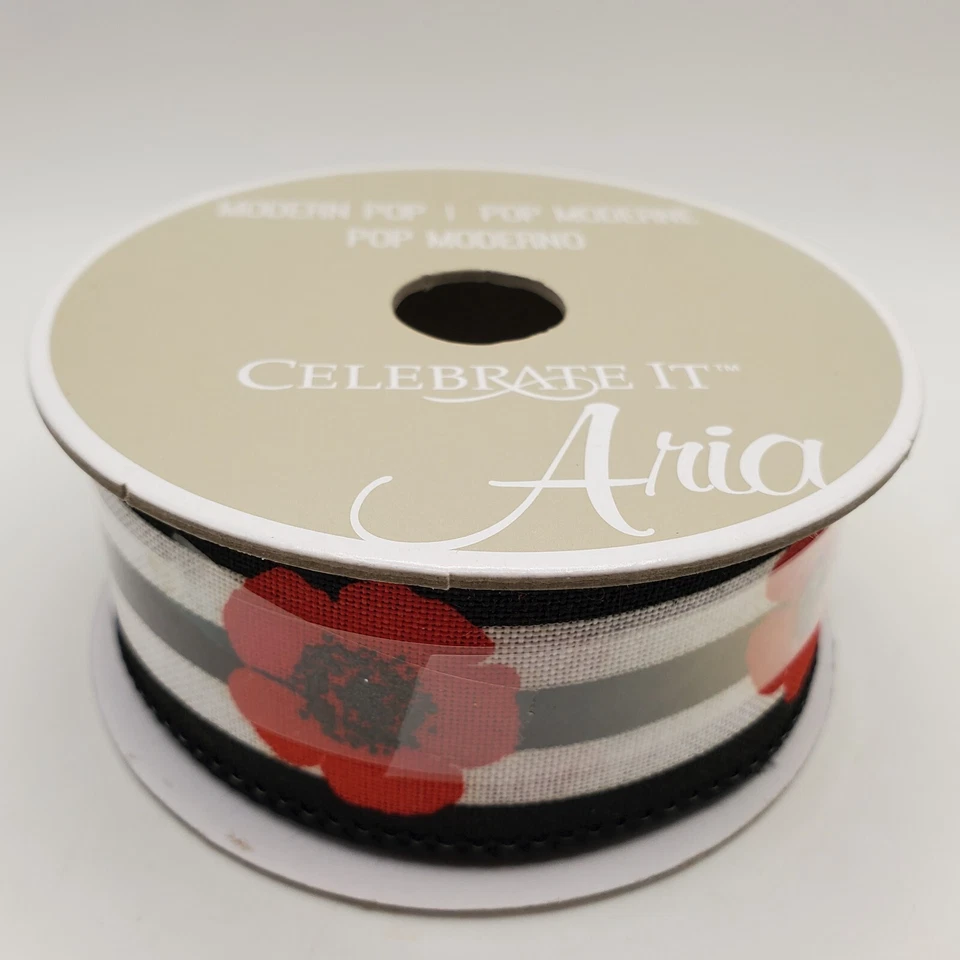 Celebrate It Aria Modern Pop Ribbon 1 1/2 Inch x 4 yd Black White Red Flower NEW - Image 2 of 4