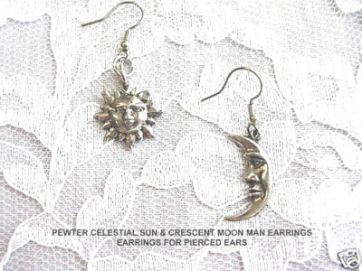 CELESTIAL FLAMING SUN & MAN IN MOON CRESCENT CAST USA PEWTER DANGLE EARRINGS
