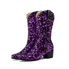 Womens Sequins Ankle Boots Mid Block Heel Pointy Toe Pull On Casual Shoes Hot