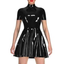 Turtleneck Vinyl PVC Leather Mini Pleated A-line Dress Ladies Sexy Flared Dress