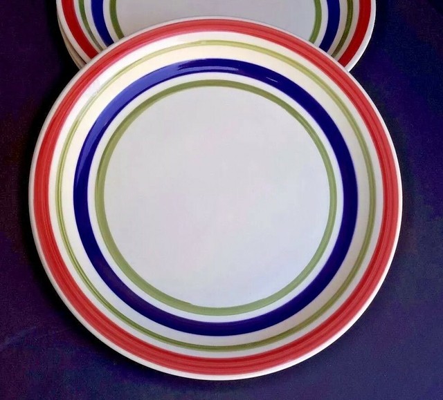 4pc Royal Norfolk Dinner Plates Excellent white blue bands rainbow