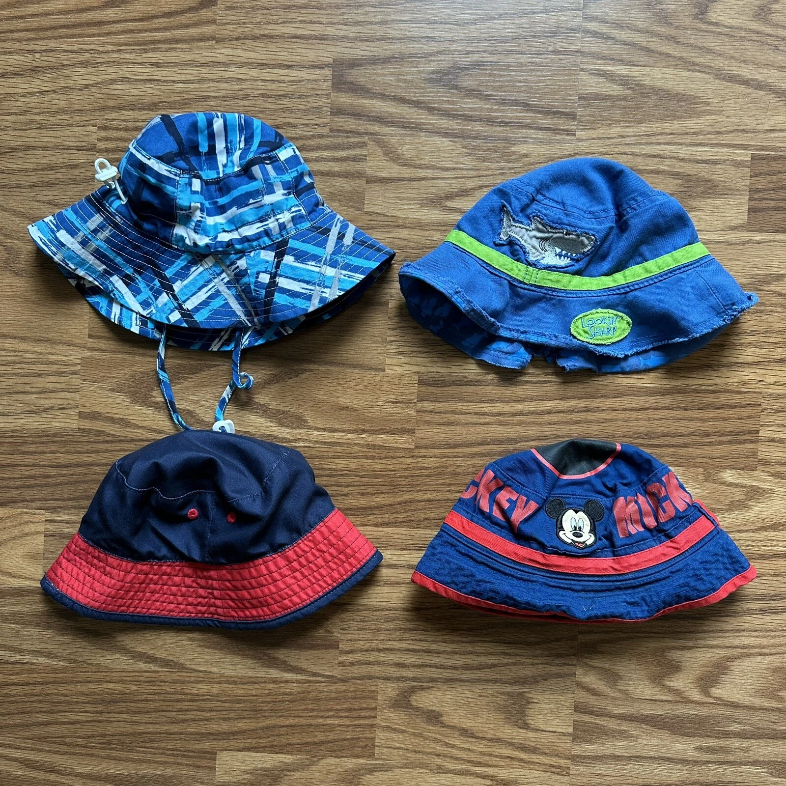 Lot 4x Baby Toddler Boy Bucket Sun Hats OSFM Disney Mickey Mouse Shark Blue EUC!