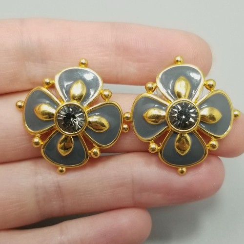 Vintage Joan Rivers Flower Gray Enamel Gold Tone Stud Rhinestone Earrings