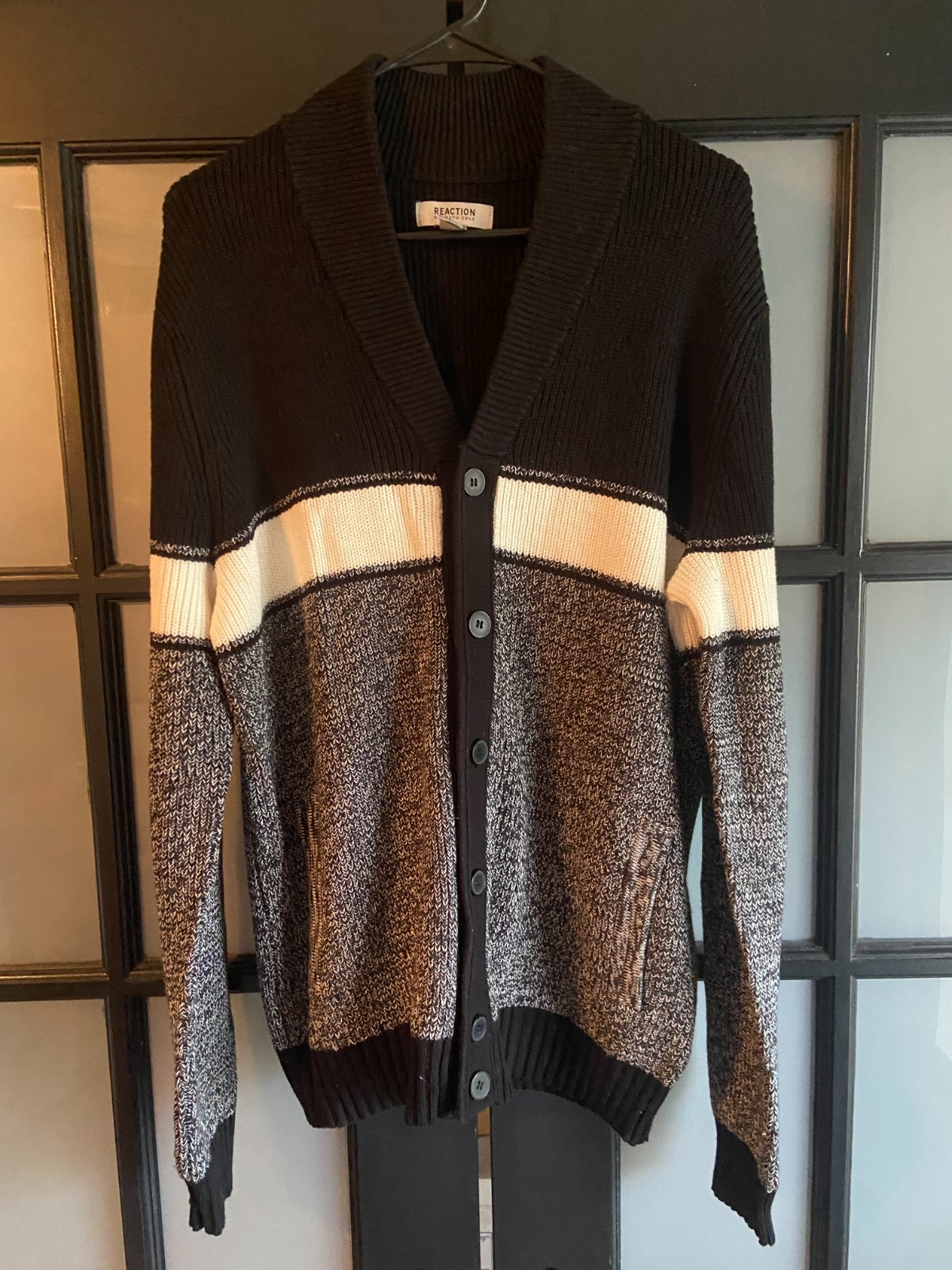 Reaction Kenneth Cole Black Gray White Button Up Sweater Cardigan - Size L Large