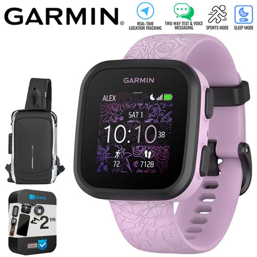 Garmin Bounce Kid Smartwatch, Lilac Floral w/ Sling Backpack + 2 Yr Warranty Kit - Photo 1 sur 12