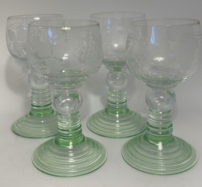 Kastrup Glass Wine Glasses Grapevine Etched Uranium Base (Set Of 4) 5 1/2  Tall