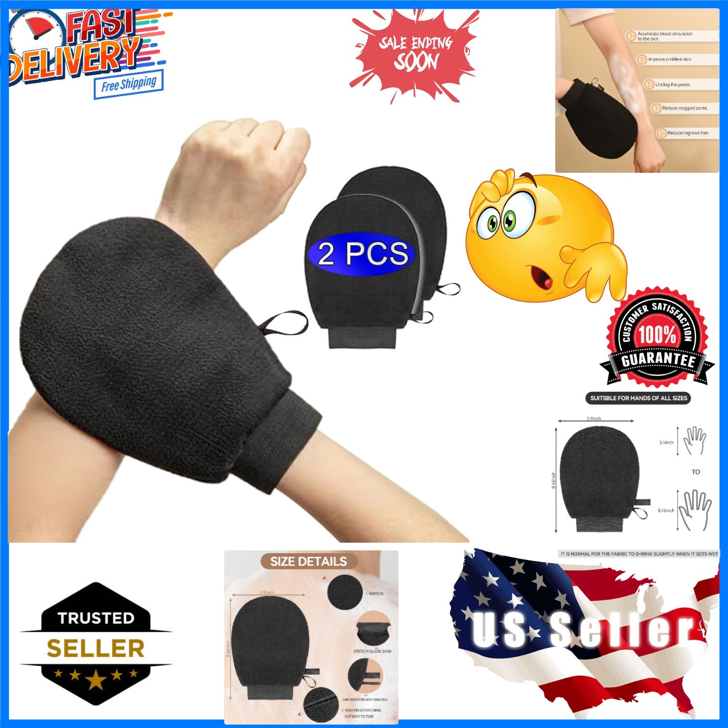 Exfoliating Mitts 2Pcs, Body Scrub Gloves for Bath or Shower, Men's Women's D...