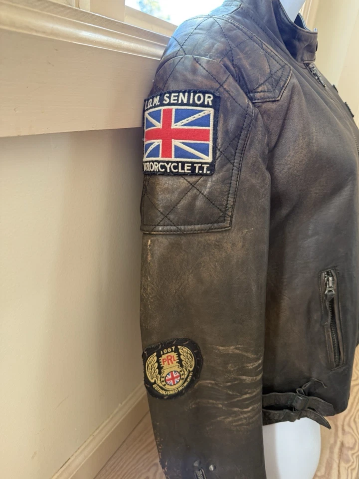 Chaqueta de Motociclista Polo Ralph Lauren CUERO Gráfica DE COLECCIÓN RARA con Parches talla M Foto 3 de 4
