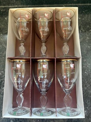 (Qty 6) Vintage Irish Cream Goblets Shamrock Stem Glasses Gold Rim Recipe Book