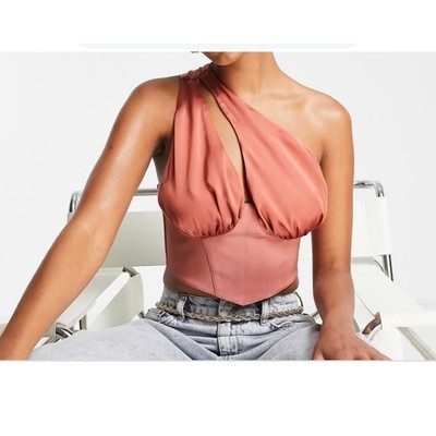 ASOS DESIGN Halter Corset Top Satin Asymmetric Draped Going Out Rust