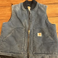 Vtg Carhartt V01 Navy Distressed Faded Canvas Quilted Duck Vest Lg Made In USA