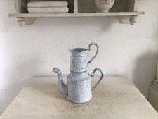 Alte kleine Emaille Kanne mit Filter Shabby Weiss Blau Brocante Emaile Krug Deko