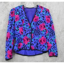 Vintage Blazer Womens Small Petite Silk Floral Animal Print Statement Button