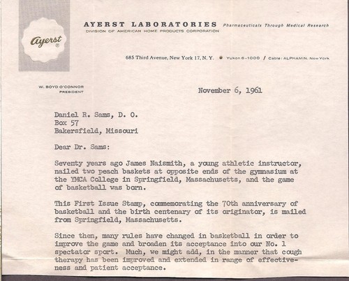 1189 Naismith-Basketball- Artcraft Ayerst FDC with back address- damaged letter - Picture 2 of 2