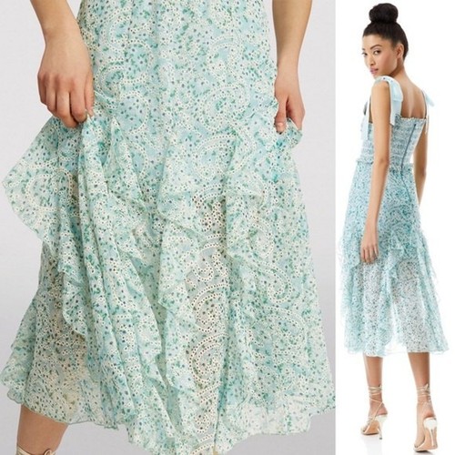 Alice + Olivia Floral Dress 0 Midi Eyelet Embroidered Pastel Cocktail Smocked - Picture 7 of 12