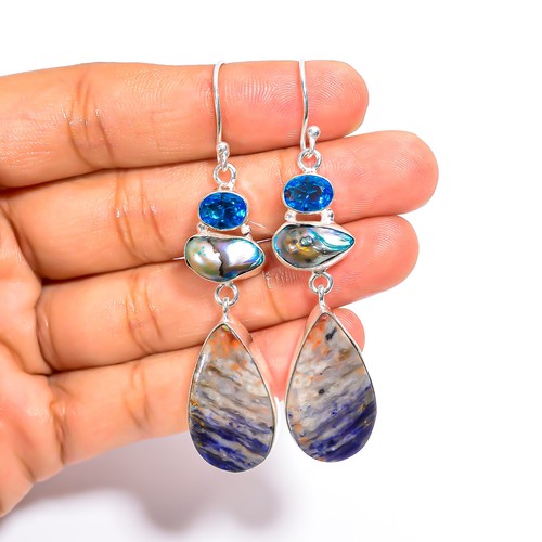 Sodalite Pearl Gemstone Fashion Jewelry 925 Silver Dangle Earrings 2.7" ARE-306 - Picture 2 of 3