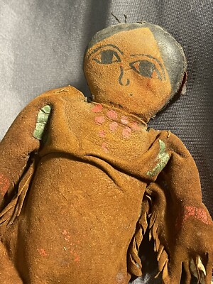 Antique Folk Art Painted Leather Fringe Native American Indian Souvenir Doll