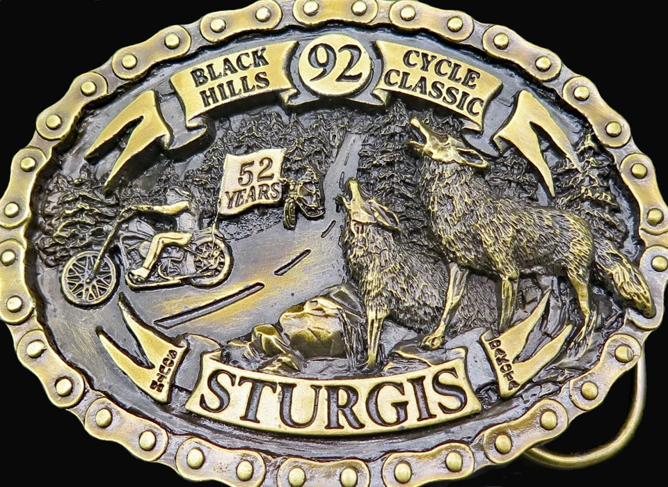 Hebilla de cinturón vintage Sturgis South Dakota motocicleta Black Hills clásica 1992 Foto 2 de 4