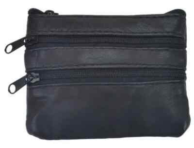 Black Genuine Leather Small Coin Holder Change Purse Zipper Key Card Wallet 
