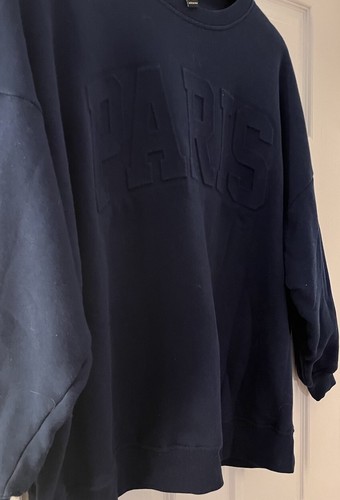 Forever 21 PARIS Women’s Sweatshirt Large Embossed Navy Blue Pullover Crew Neck - Picture 12 of 20