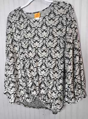 Ruby Rd Womens TOP 2X Black Silver Gray Embroidered Elegant Festive Classy