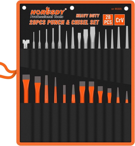 HORUSDY 28 Piece Punch Pin Set - Heavy Duty Punch & Chisel Set - Ex Display
