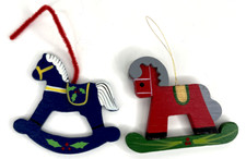 Lot of 2 Vintage WOOD ROCKING HORSE Ornaments Christmas Hand Painted Rustic