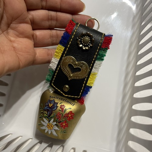 VTG Switzerland / German Souvenir Cow Bell w/Fringe Strap/ Brass Details Floral - Picture 8 of 8