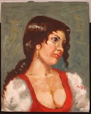 Unframed Oil Painting on Canvas - Smiling Woman - 8" x 10" Signed Illegibly