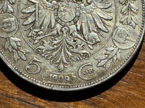 1909 Austria Silver 5 Corona Coin Double Eagle Francis Joseph 1 Never Polished - Picture 4 of 7