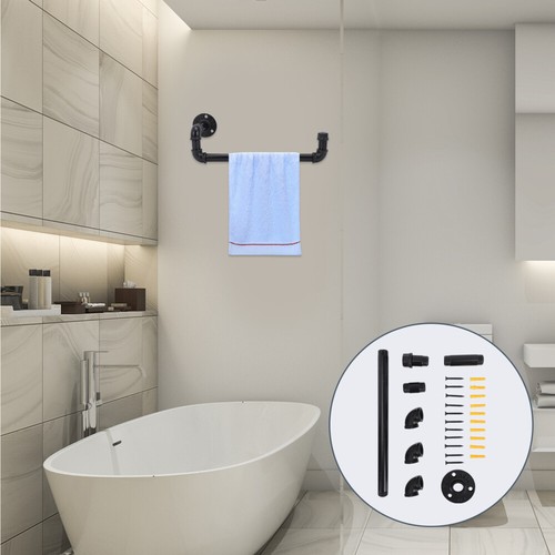 2 Pack Industrial Towel Bar Bathroom Holder Black Ring Hand Towels Hook