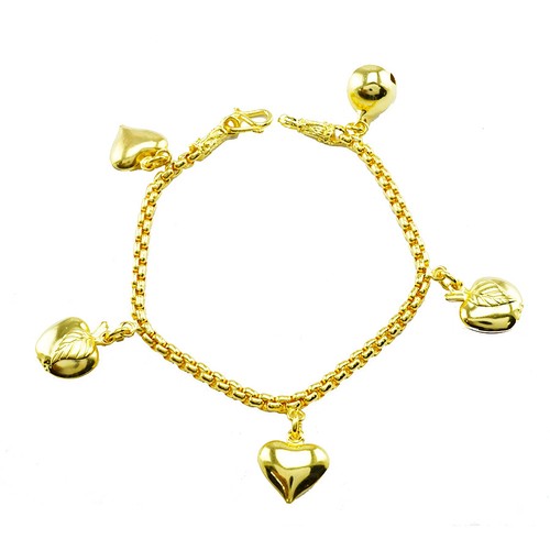 2 GOLD PLATED BRACELET APPLE AND HEARTS BELL 6.5 INCH 24K YELLOW GOLD GOOD EXPO - Picture 1 of 3