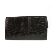 Vintage Black Croco Gold Tone Chain Flap Top Clutch Shoulder Evening Bag Handbag