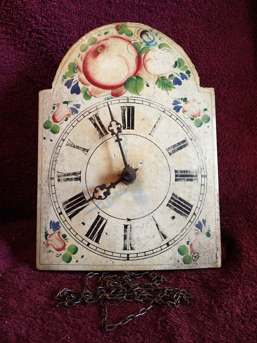 ANTIQUE 1800- s SMALLER WALL CLOCK w NICE PAINTED DIAL FACE