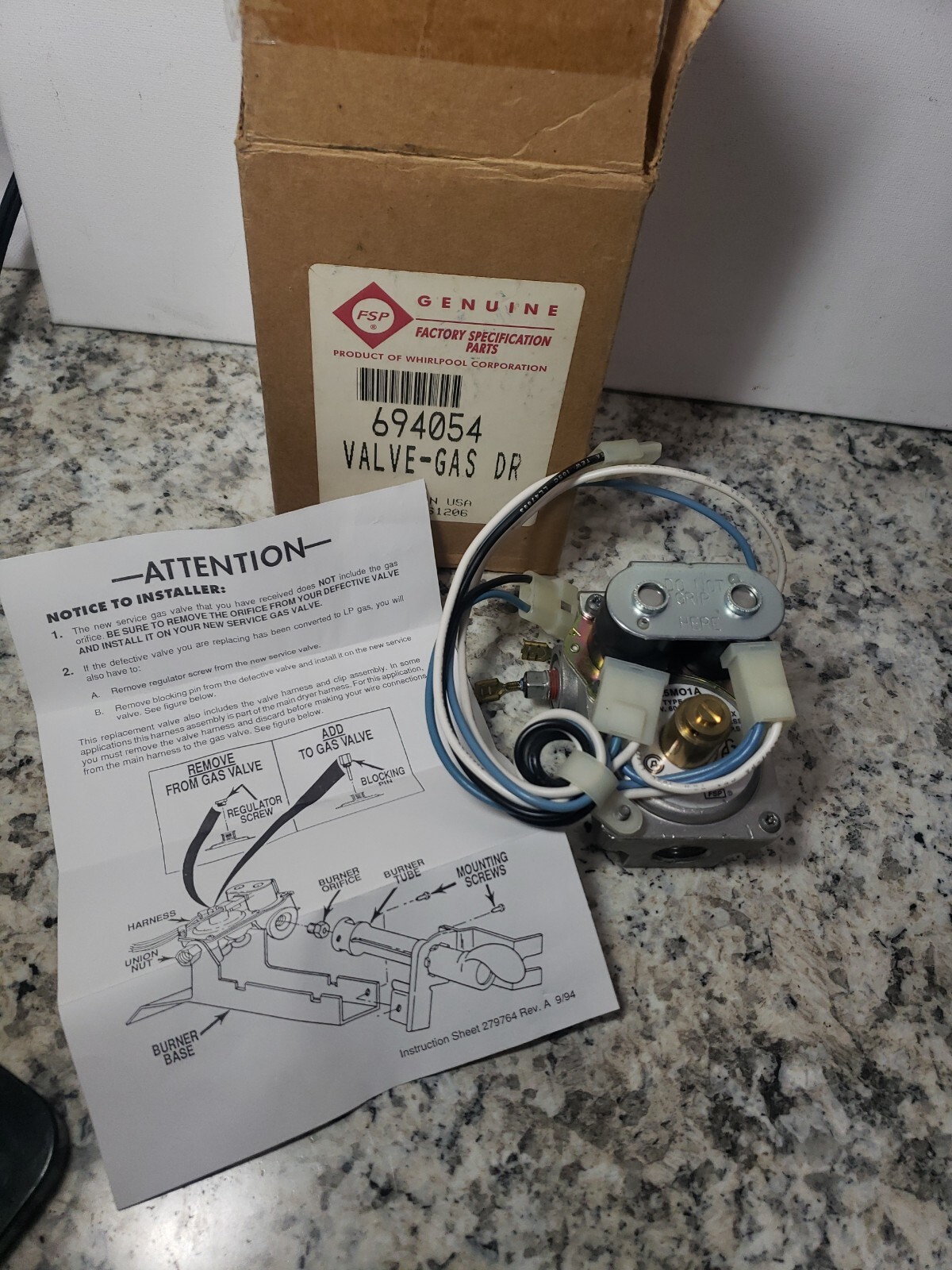 Whirlpool Natural Gas Dryer Gas Valve, Right Hand 8281908 694054 279923