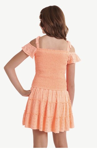 Justice Girl 2 Pc Smocked Cold Shoulder Top+Skirt Ruffl Cantaloupe Melon Size 10 - Picture 4 of 6