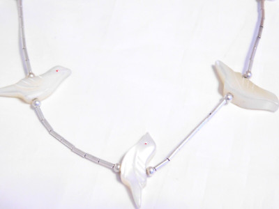 Native American LRG. White Mother of Pearl Fetish Bird Liquid Silver Necklace