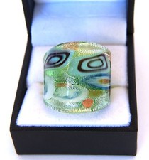 Bohemian Green abstract Floral theme Hand Blown Glass Bling Ring size 8.75