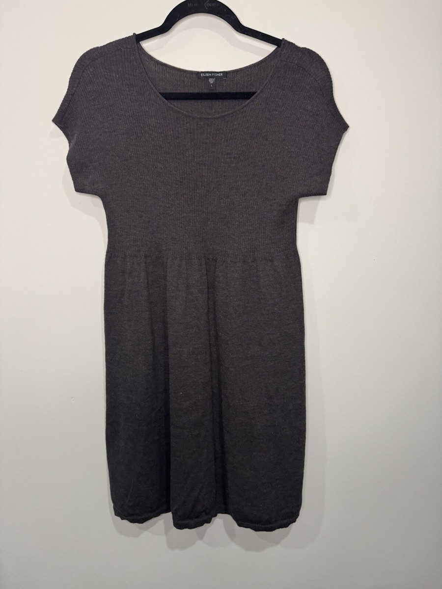Eileen Fisher 100% Wool Sweater Dress L Large Babydoll Dark Gray Short  Sleeve