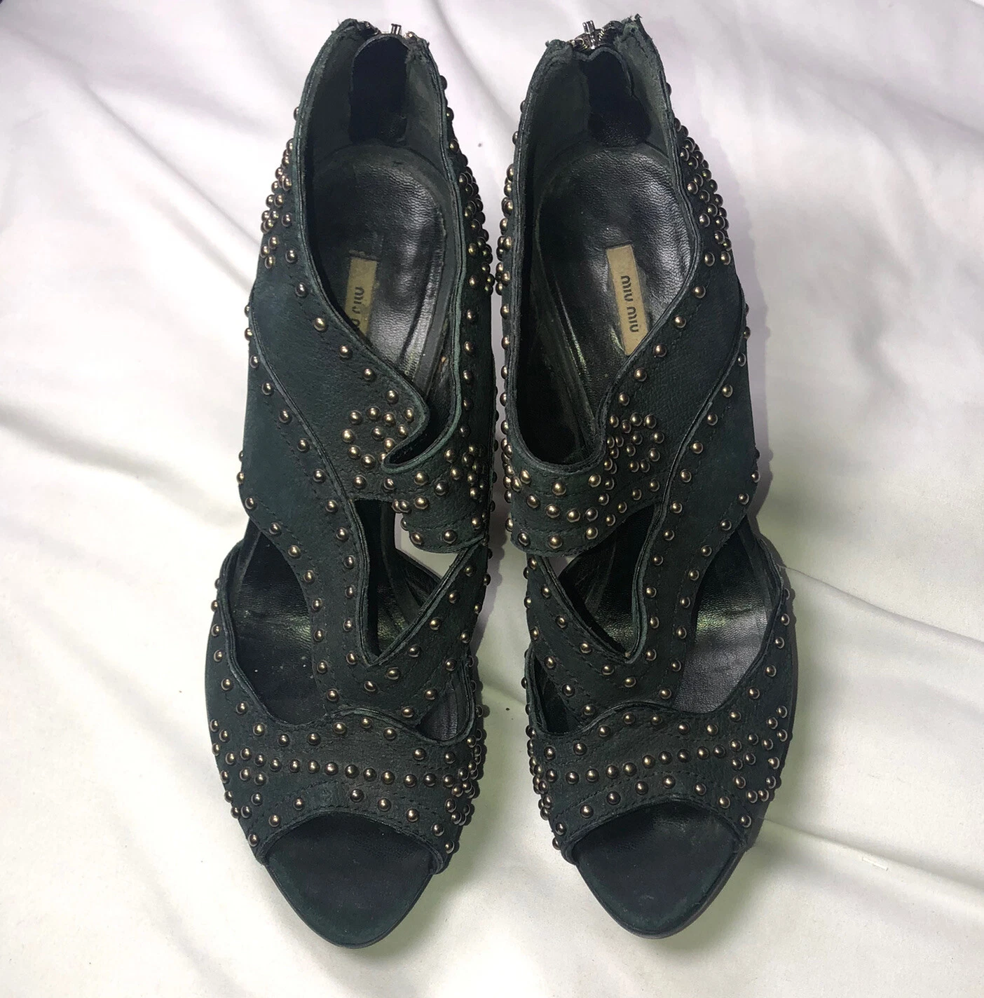 Sandali donna MIU MIU tacco misura 10 5 41 5 neri in pelle e borchie argento