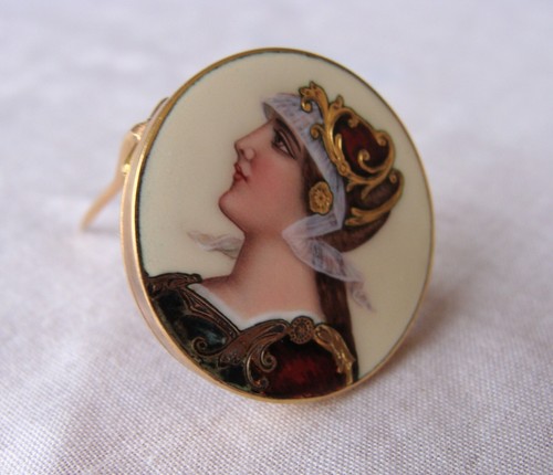 ART NOUVEAU 18K YELLOW GOLD SWISS ENAMEL PIN - Picture 7 of 9