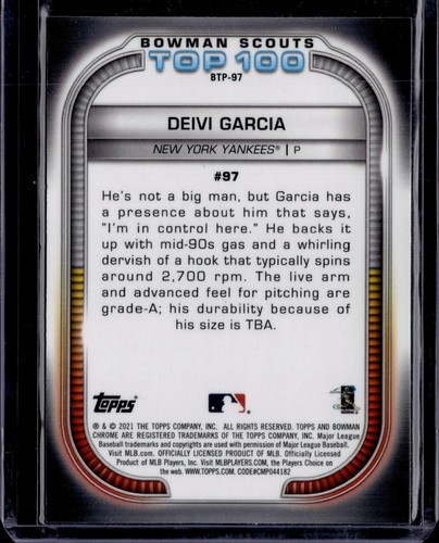 2021 Bowman Chrome DEIVI GARCIA Bowman Scouts Top 100 Refractor Rookie #BTP-97 - Picture 2 of 2