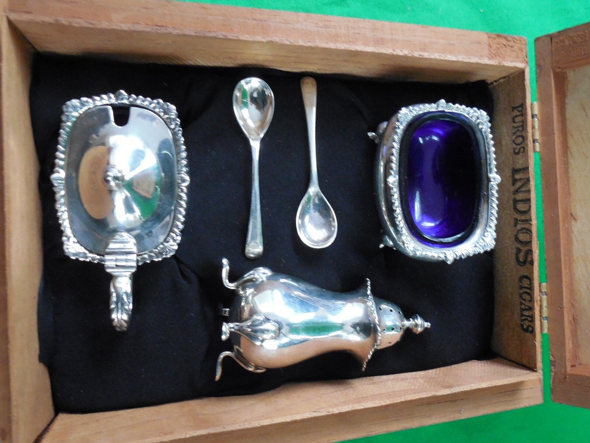 Mappin & Webb Sterling Silver Condiment Set in Cigar Box