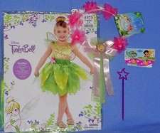 DISNEY TINKERBELL COSTUME-GIRLS 3-4-WINGS-FlOWER TIARA-BARRETTES-RING-WAND-LOT-5