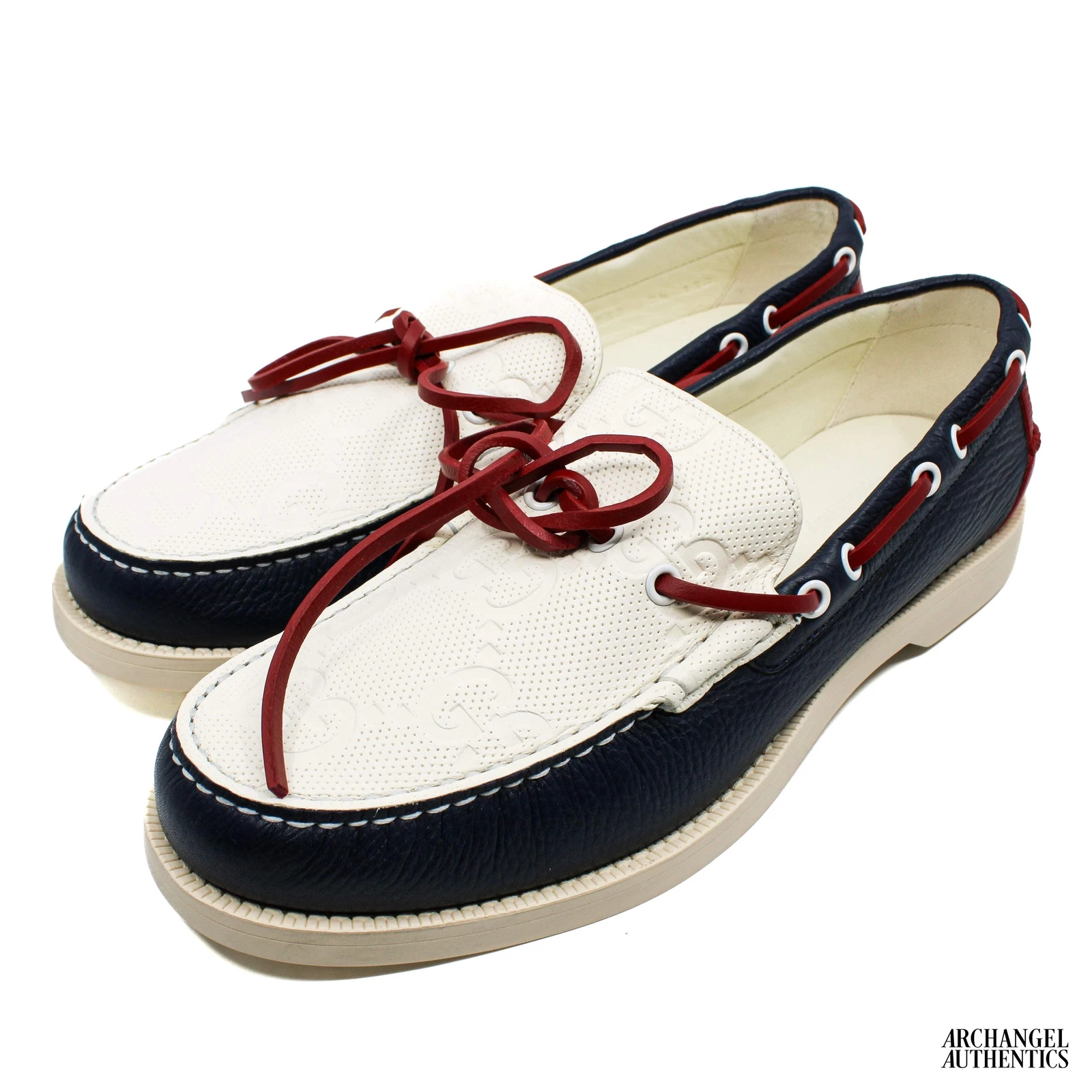 Mocassins chaussures bateau Gucci rouge blanc bleu