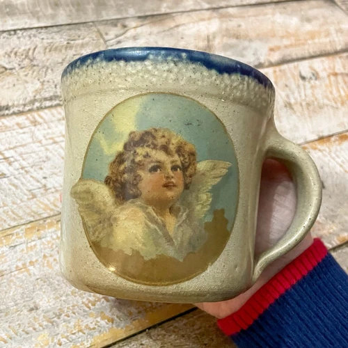 Vintage Angel Stoneware Mug Signed WSM Cobalt Salt Glaze 4” X 4”