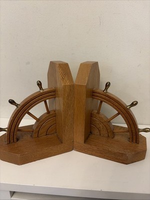 Vintage Paar maritime Holz Holz Buchstützen Schiffe Rad Goldakzente
