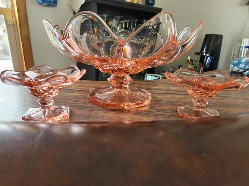 McKee Colonial Pink Depression Glass Lotus Pedestal Bowl & Candle Holders Set