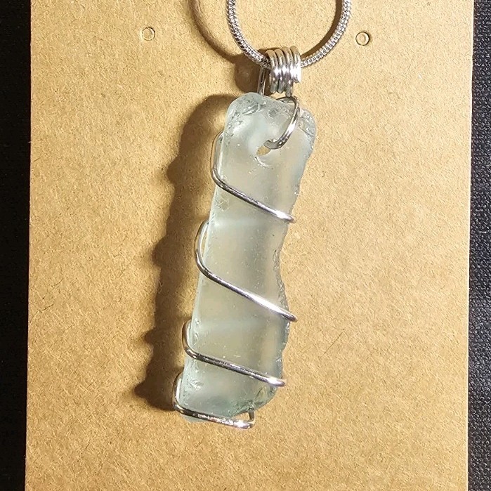 Handcrafted Wire Wrapped Sea Glass Pendant Necklace Pale Green Snake Chain